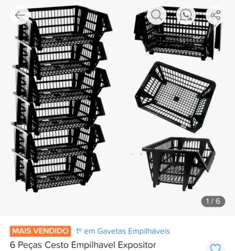 6 Peças Cesto Empilhável Expositor Organizador Preto - usado apenas 2 meses