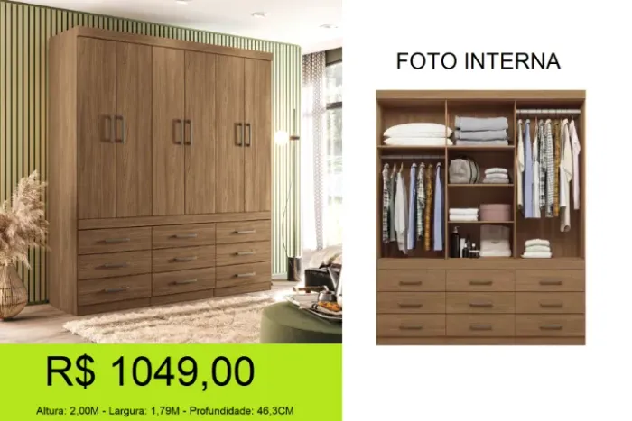 Roupeiro 6 portas com 9 gavetas extensas a pronta entrega