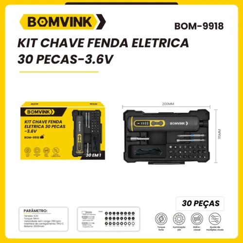 Kit Chave de Fenda Elétrica 30 Peças 3.6V - Bateria Recarregável, LED
