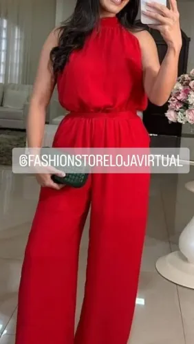 Macacão longo vermelho em tecido duna lindo médio  