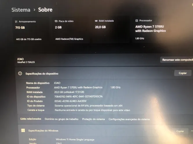 Notebook Lenovo IdeaPad 3 - Ryzen 7