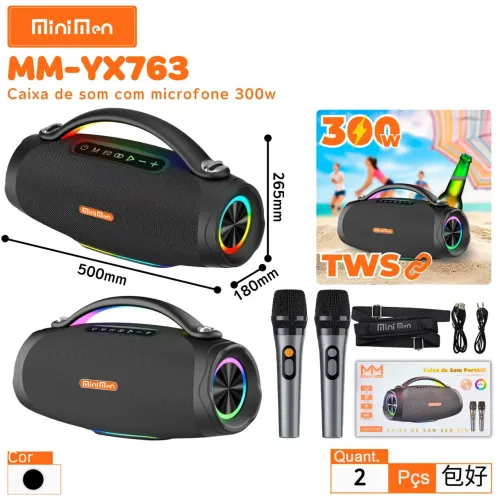 Caiixa de Som Portátil 300w com Microfone