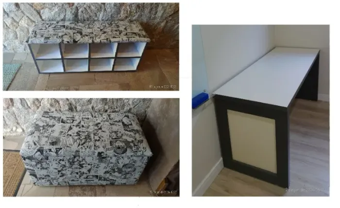 Kit mesa, baú de brinquedos e sapateira