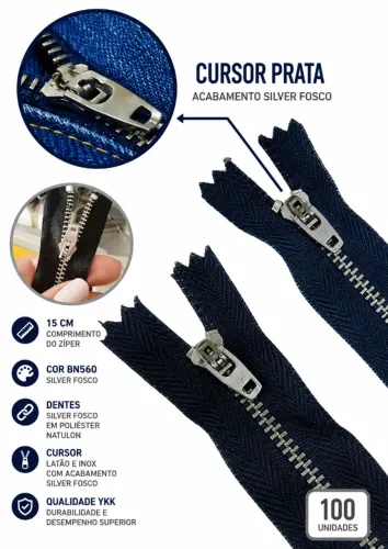 Zíper Ykk Natulon Prata 15cmx3cm - Silver Fosco 100 Unidades
