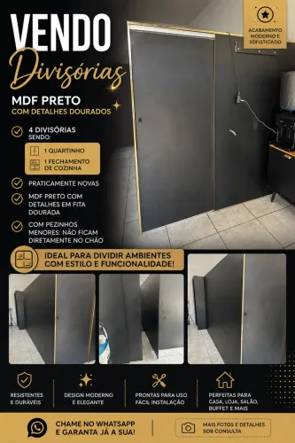 Divisórias em MDF preto com detalhes dourados + quartinho + fechamento de cozinha