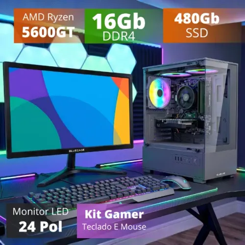 PC GAMER AMD Ryzen 5600GT, 16Gb DDR4, SSD 480GB, Monitor 24", Kit Teclado e Mouse - Novo
