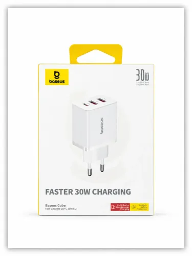 Carregador Baseus 30w 3 portas(01 USB-C + 02 USB-A comum) Branco - Novo