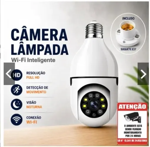 Câmera Segurança Wifi Lâmpada 355° Giratória Visão Noturna Detecção de Movimento