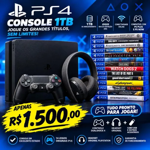 Playstation 4 1TB, 14 jogos, controle e headset.