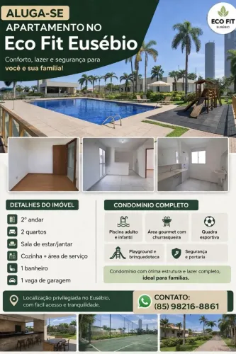 Aluguel de Apto no Eco Fit Eusébio! 2 Quartos + Condomínio Completo + 1 vaga de garagem