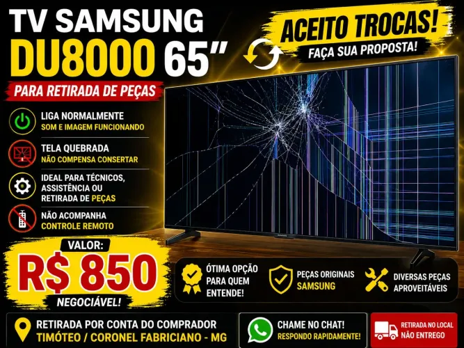 Tv Samsung 65" polegadas, tela quebrada, liga normalmente para retirada de peça