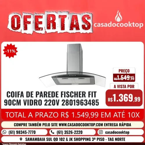 COIFA DE PAREDE FISCHER FIT 90 CM VIDRO 220V 28019.63485