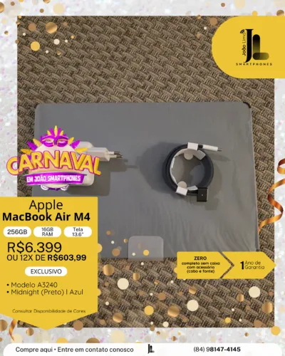 MACBOOK AIR M4, 256GB, 16GB RAM, TELA 13.6?, ZERO, EXCLUSIVO!