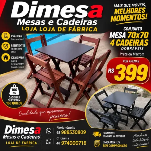 Mesa 70x70 com 4 cadeiras dobráveis pretas ou imbuia