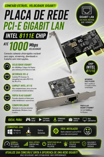 Placa de Rede PCI-E Gigabit LAN Intel 8111 E Chip 1000Mbps (NOVO/LACRADO!)