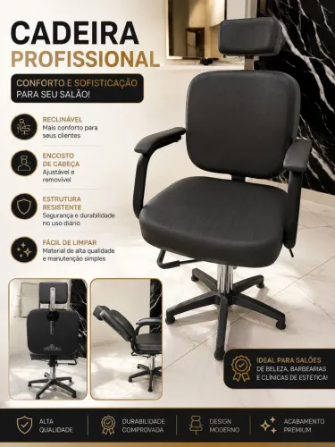 Cadeira Profissional para Salão - Reclinável com Encosto de Cabeça