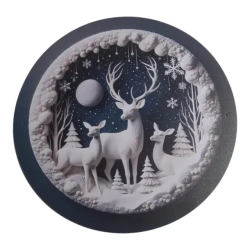Quadro Decorativo Natal Renas 3D Redondo Branco Estilo Nórdico