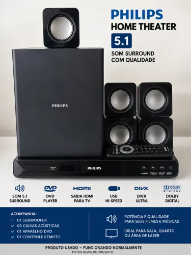 Home Theater Philips 5.1 com DVD + Controle.