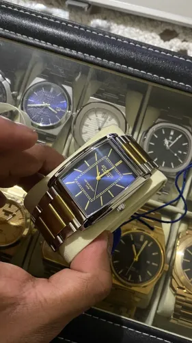 Relógio Atlantis Masculino Retangular Azul e Dourado - Elegante e Sofisticado
