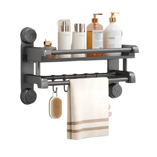 Porta Toalha Suporte Duplo Toalheiro Banheiro Lavabo 40cm Cinza Fixação de Ventosa