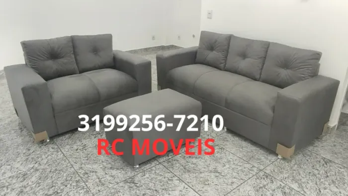Sofá Canadá 2 e 3 Lugares com Puff Suede Espuma D33 Novo
