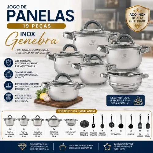 JOGO DE PANELA 19 PEÇAS INOX GENEBRA SG-GN19PC-PRO