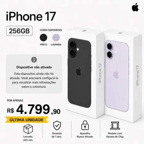 Apple iPhone 17 6,3" 256GB Novo Nunca Ativado Garantia Open Box Lavanda Preto