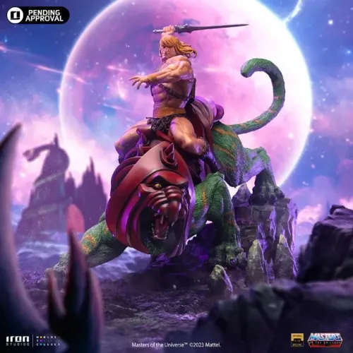 He-Man e o Gato Guerreiro Deluxe Mestres do Universo MOTU 1/10 Iron Studios Battle Cat