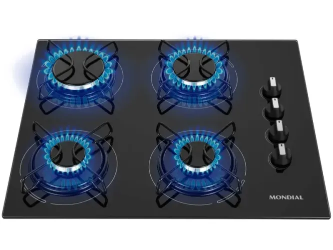 Cooktop 4 Bocas a Gás GLP Mondial Mesa de Vidro Preto Acendimento Automático