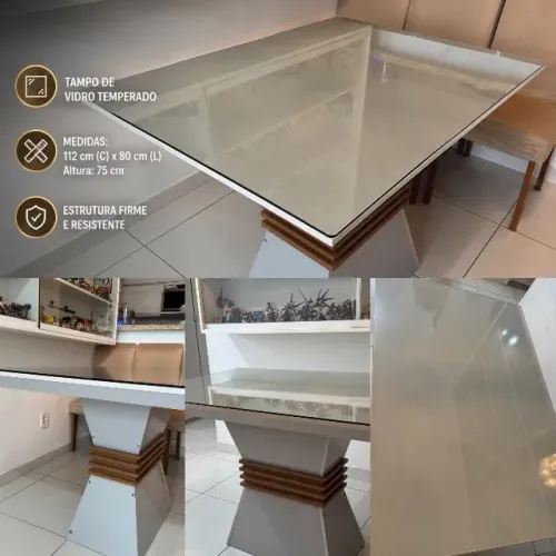Mesa de Vidro 112x80 cm com tampo de vidro temperado 