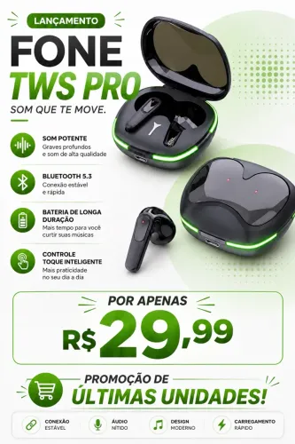 Fone de ouvido sem fio Bluetooth