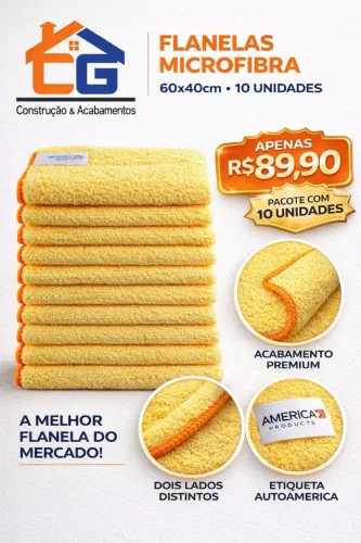 **PROMOÇÃO** Kit 10 Flanelas Microfibra Premium 60x40 Amarela Autoamerica - R$89,90 Pack.