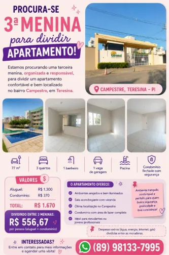 Procura-se menina para dividir apartamento perto da UNINOVAFAPI 
