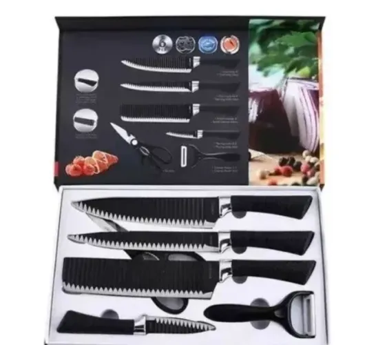 Kit 6 Facas Aço Inox Churrasco Antiaderente Jogo Cozinha Conjunto Faqueiro - Preto