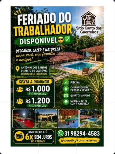 Sitio em Caeté disponível para o feriado do trabalhador 