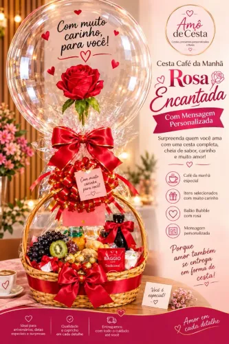 Cesta Café da Manhã Rosa Encantada No Balão Buble Gigante e Cartão Com Mensagem. 