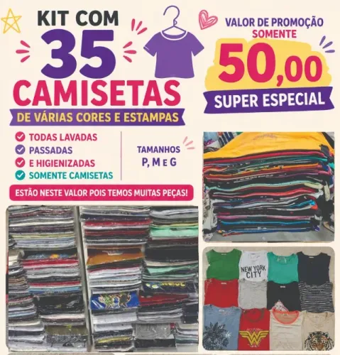 Kit com 35 só camisetas diversas cores e estampas
