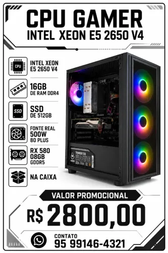 Cpu Gamer Intel Xeon E5 2650 V4 16Gb de Ram Ddr4 + Rx 580 08Gb na Cx com Garantia.