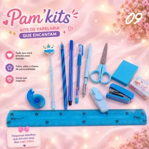 Kit De Papelaria Fofa Presente Criativo 12 Itens Azul