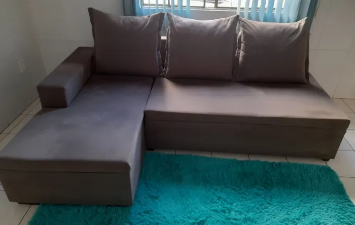 Sofá Grande Com Chaise Em Suede Cinza - Retirar No Local