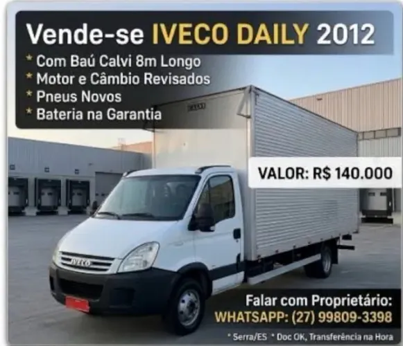 Vendo Iveco Daily 2012 já equipada com baú espaçoso e estruturado. Veículo de particular,