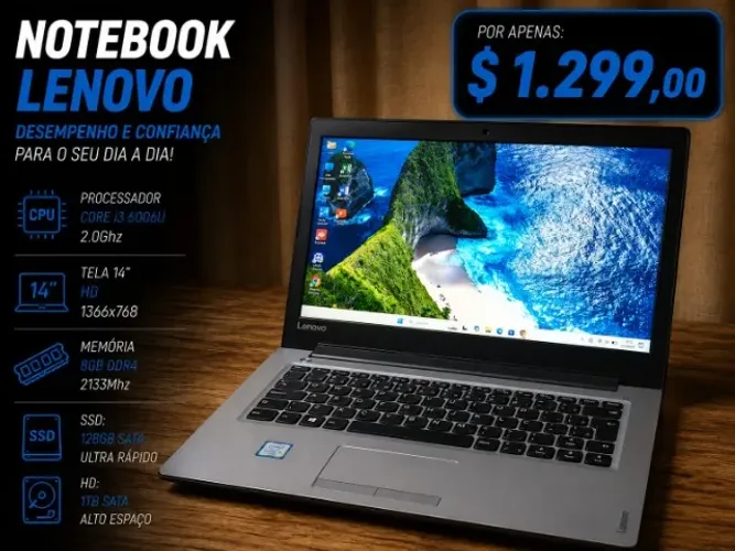 Notebook Lenovo i3 6006u 2.0Ghz / Mem. 8Gb / SSD 128Gb+HD 1Tb / Tela 14" (aceito cartão)