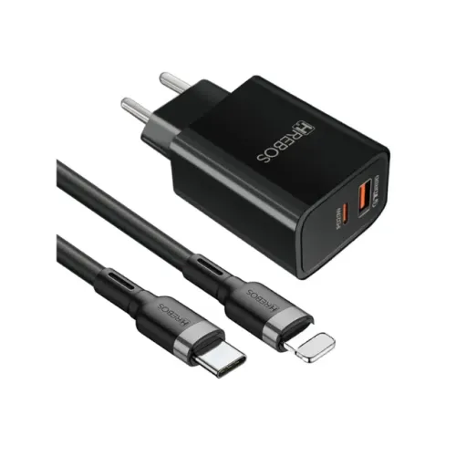Carregador Hrebos Power Turbo USB-C/USB-A Type-C e Lightning, 20W/18W + Cabo - Preto