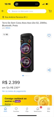 Caixa de Som Torre Aiwa AWS-T2W-02 Bluetooth 2300W RMS Amplificada