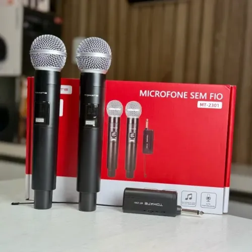 Microfone Sem Fio Duplo Tomate MT-2301 Profissional Receptor Recarregável