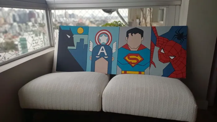 Quadro super heróis decoração infantil: Batman, capitão América, super homem e homem aranh