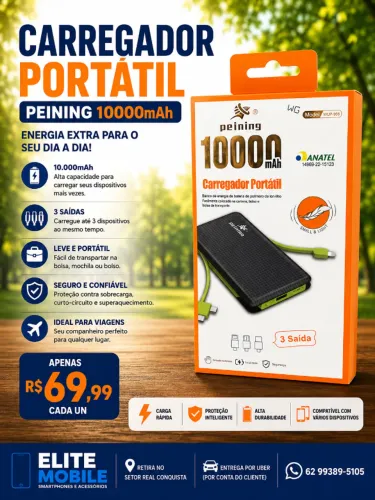 Power Bank Peining 10.000mAh Carregador Portátil 3 Saídas
