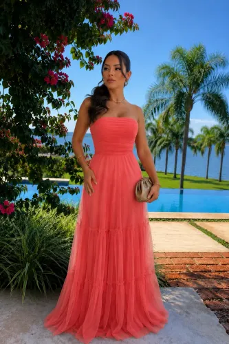 Vestido Longo Tomara Que Caia em Tule Coral