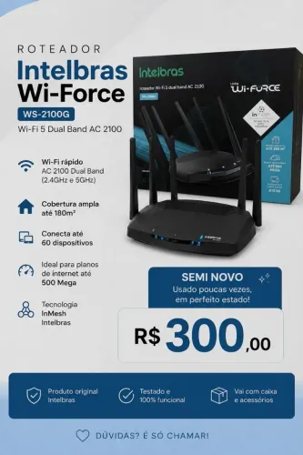 ROTEADOR Intelbras Wi-Force<br><br>WS-2100G<br><br>Wi-Fi 5 Dual Band AC 2100
