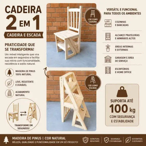 Cadeira Escada 2 em 1 de Madeira Pinus Direto da Fábrica 